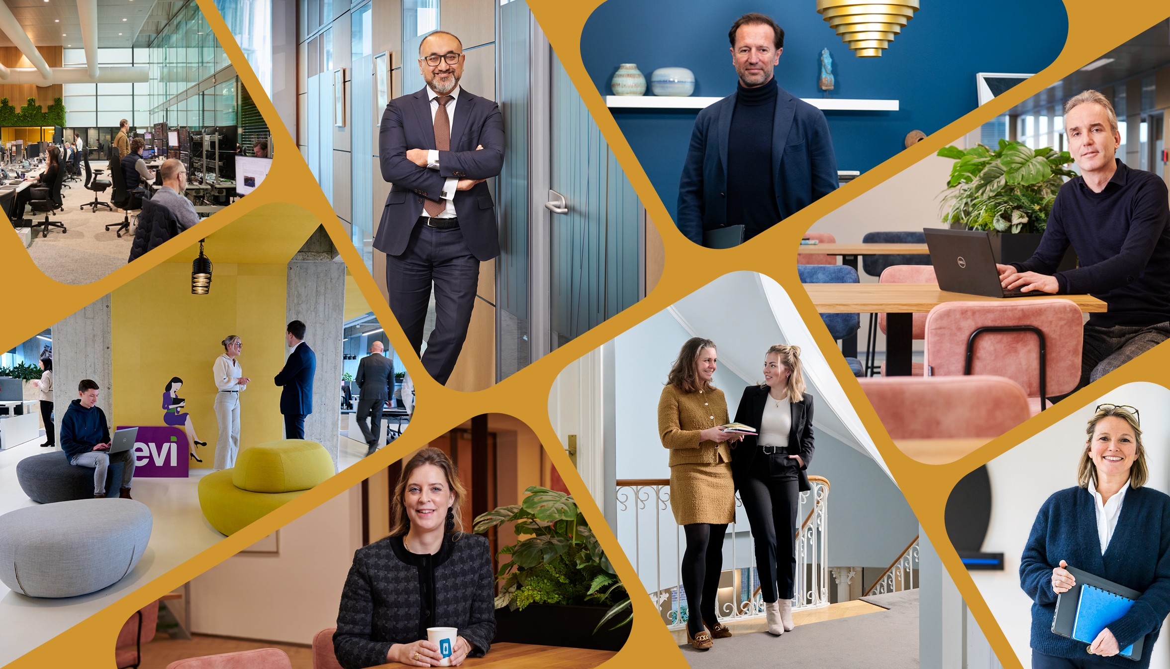 Collage of employees in solo and group shots, highlighting a friendly and fun work environment.